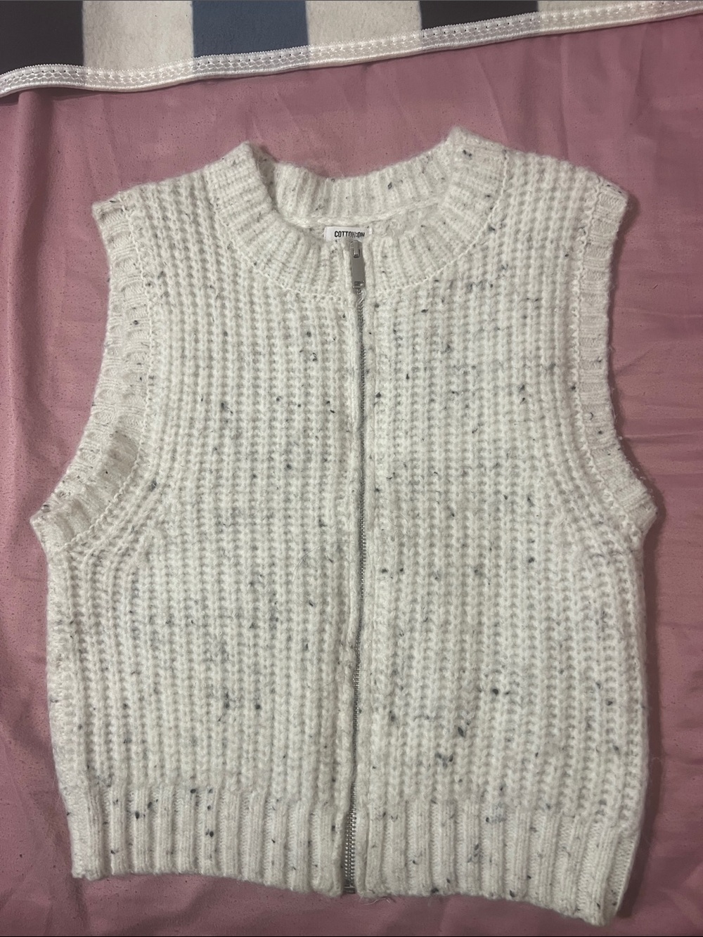Cotton On White Speckled Knit Zip-Up Sweater Vest